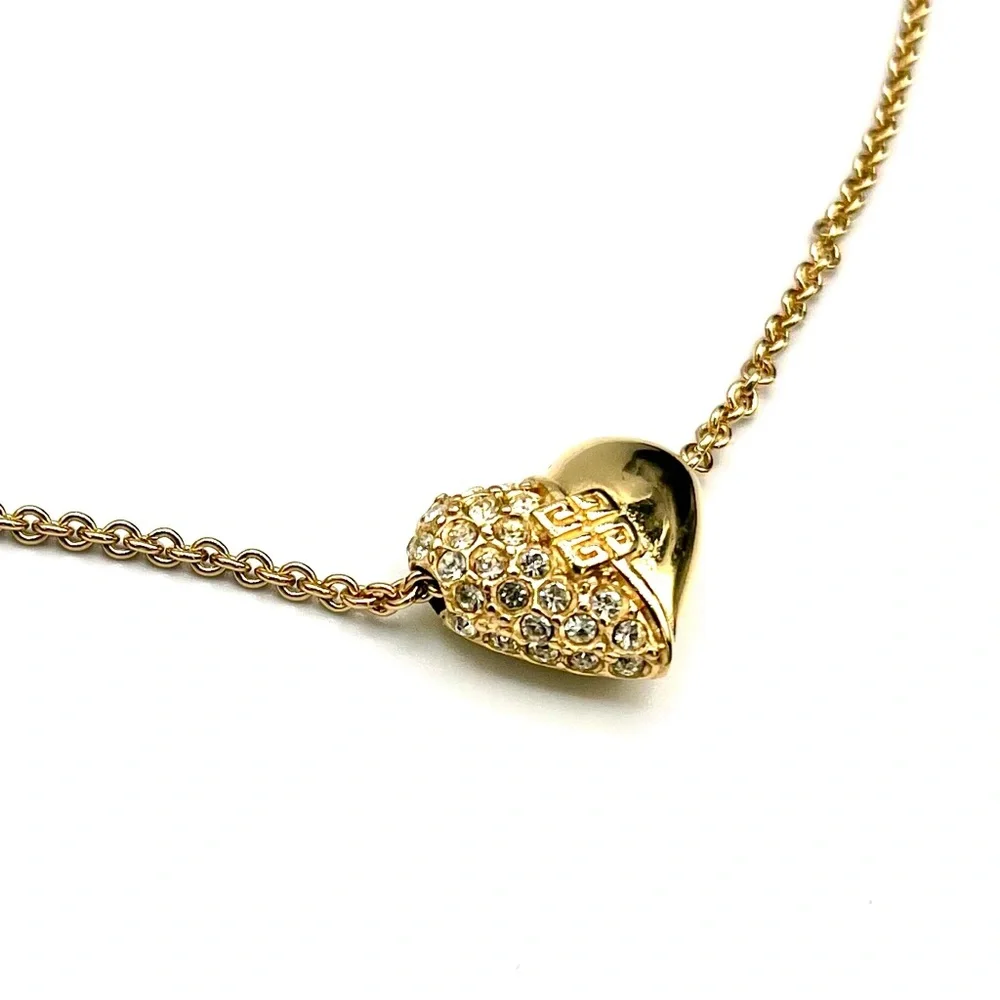 Vintage Givenchy Gold Heart Pendant Necklace with Crystal Accents
